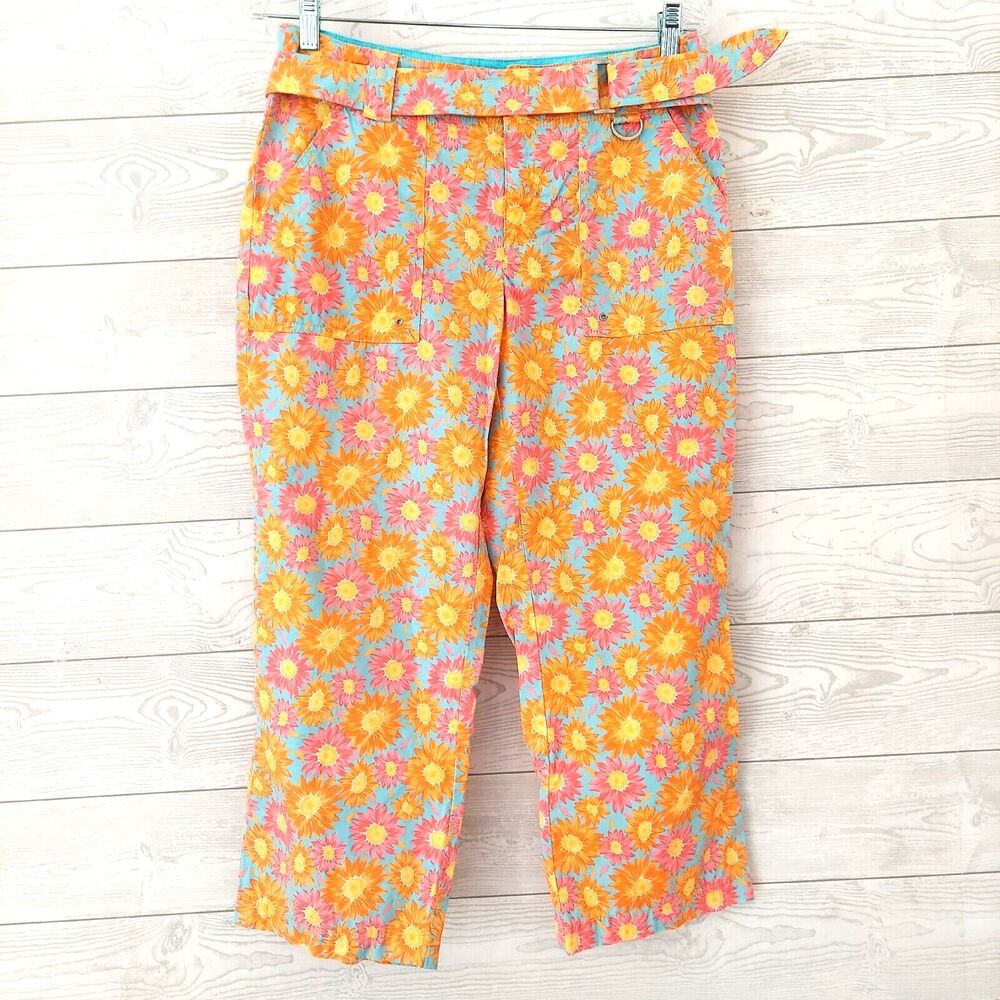Liz Claiborne Michaela Capri 8 Floral Pants Pink Daisy Flowers Multicolor
